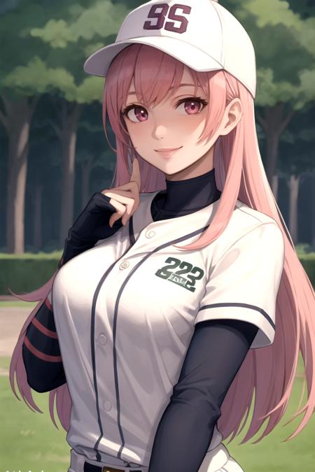 01318-3987325640-masterpiece, ultra high quality cg, best quality, cherche_rnd, 1girl, solo, looking at viewer, smile, baseball uniform, baseball.png